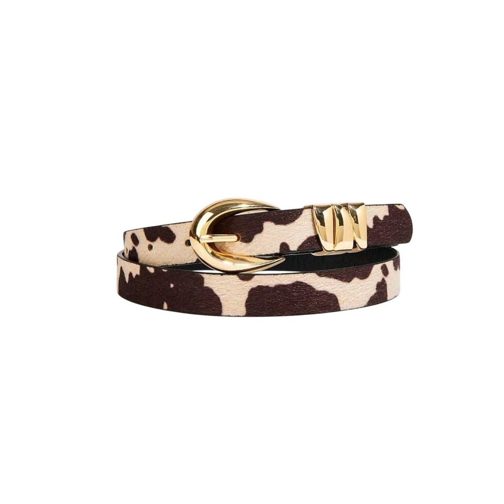 Brown Cream Cow Print Skinny Belt Gold Buckle Western Animal Print 42.5 inches